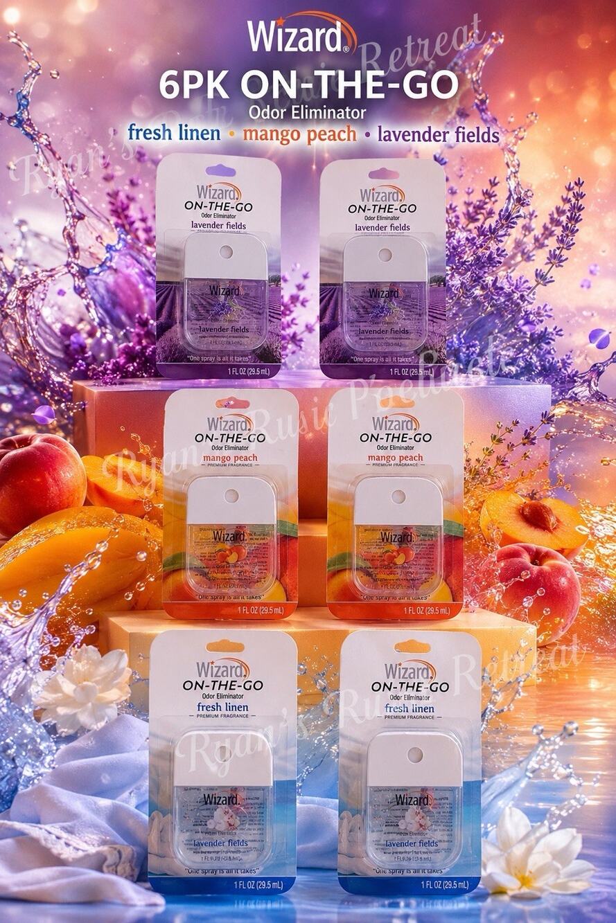 6 PK WIZARD ON-THE-GO Odor Eliminator MANGO, FRESH LINEN & LAVENDER